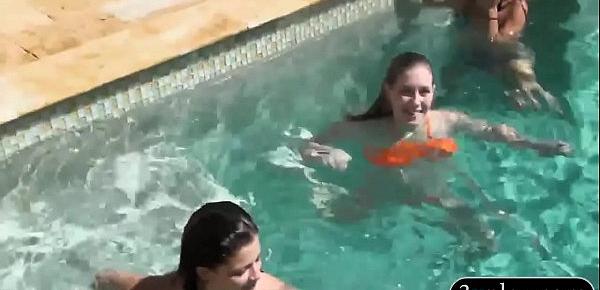  Three lovely babes show off ass and orgy in the pool